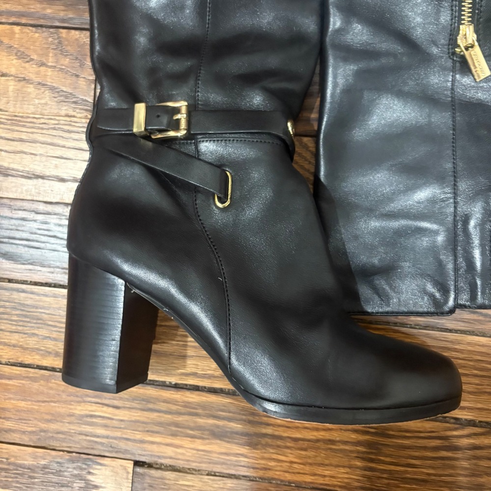 Michael Kors Arley Black Leather‎ Knee High Boots Gold Zipper Size 8 - Picture 5 of 8